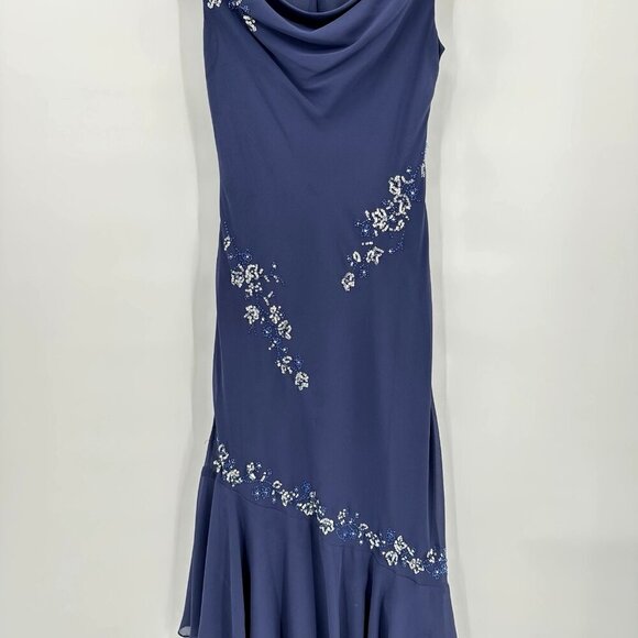 vintage 90s Y2K midi dress ruffle beaded sleeveless cowl neck 40s retro blue 6 - Picture 4 of 10